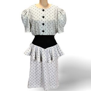 VINTAGE 80s peplum ruffle waist midi dress column pencil puff shoulder polka dot